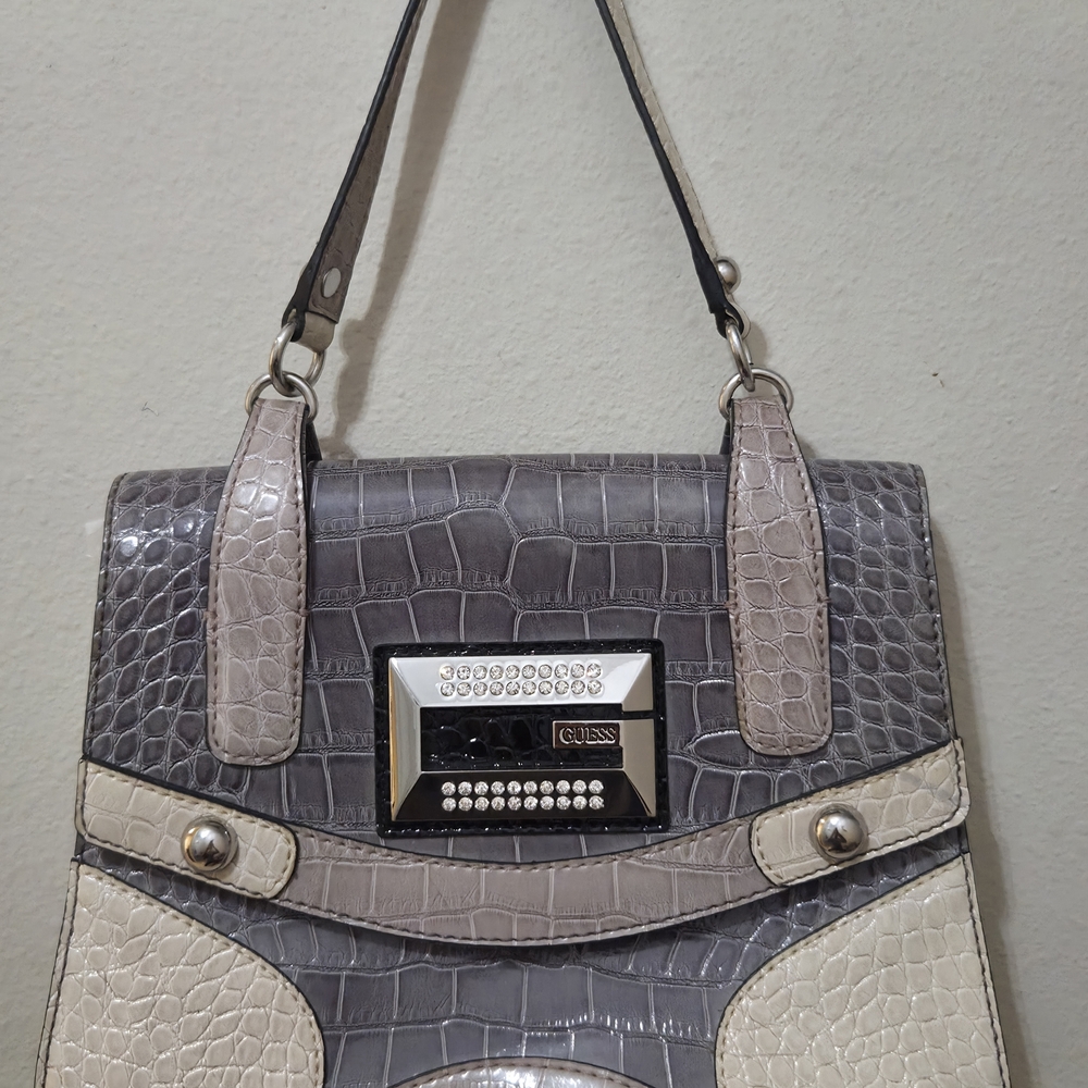 GUESS Vintage Brown Crocodile Design Patent Leather Handbag